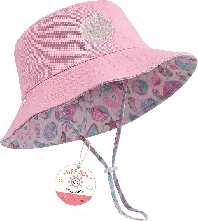 Toddler Hat Reversible Bucket Hat Happy Face Sun Hat Adjustable Chin Strap by SONMONY