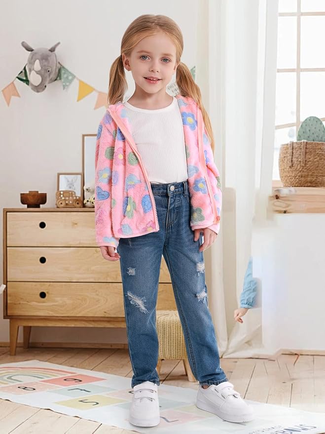 Toddler Baby Girl Fleece Jackets Fall Clothes Hooded Zip Fuzzy Coats - Image 2