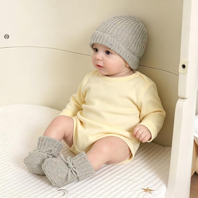 LAWKUL Baby Beanie and Booties 2-Piece Set | Newborn, Knit Hat, Cotton Sock - Image 3