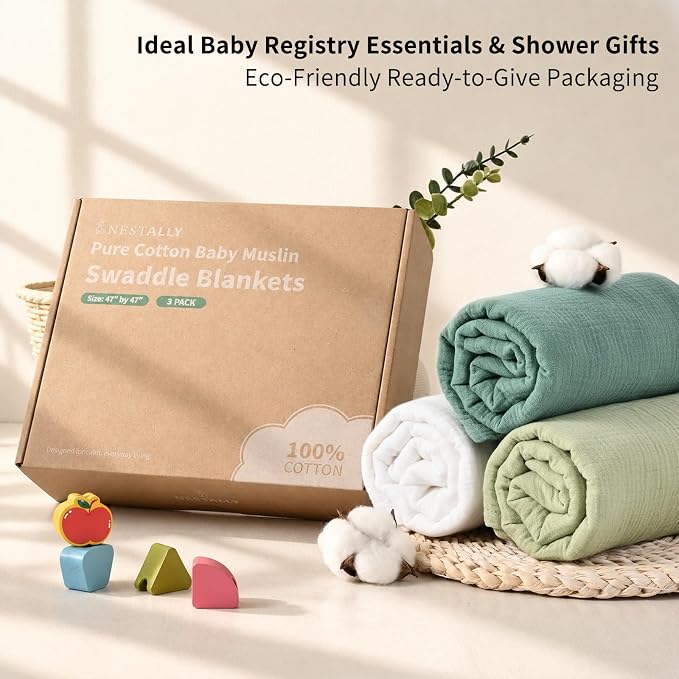 NESTALLY Cocoon Muslin Swaddle Blankets 3 Pack, Soft Breathable Large 47"x47" - Image 3