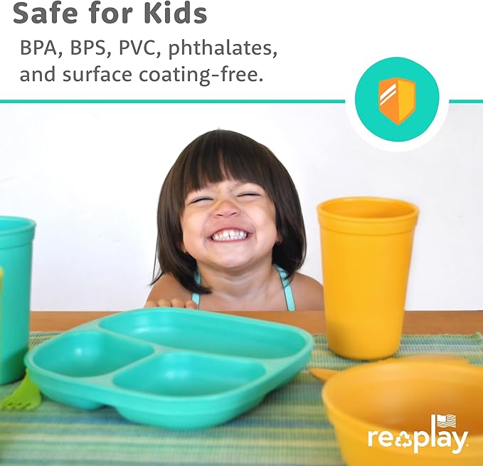 Re-Play Toddler Plates with Dividers - Deep-Walled 3 Compartments Divided Plates for Kids - Dishwasher & Microwave Safe - Made in USA - Set of 4-7.37" x 7.37" x 1.25" - True Blue