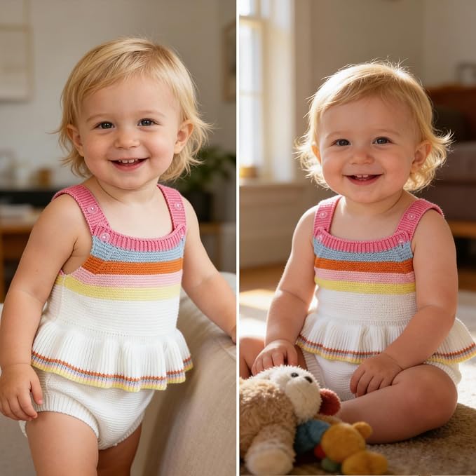 Simplee kids Baby Girl Romper, Sleeveless Pompoms Square Neck | Soft Breathable - Image 4