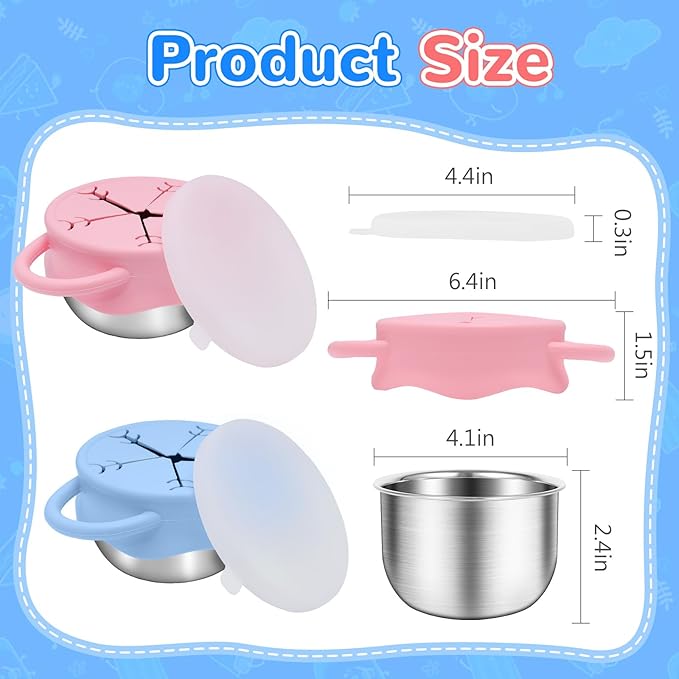 2 Pack Toddler Snack Containers –13.5oz Food Grade Stainless Steel Snack Cups for Toddlers Spill Proof with Snowflake Silicone Lids & Handles, Baby Snack Containers, Dishwasher Safe Toddler Snack Cups