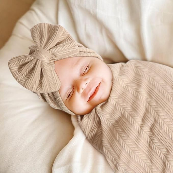 AQOKKA Newborn Receiving Blanket Wheat Ear Bow Hat Hairband Set - Image 2