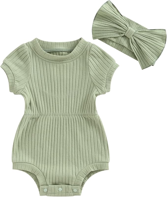 FOCUSNORM Baby Girl Summer Clothes Ribbed Short Sleeve Romper Solid Color by FOCUSNORM