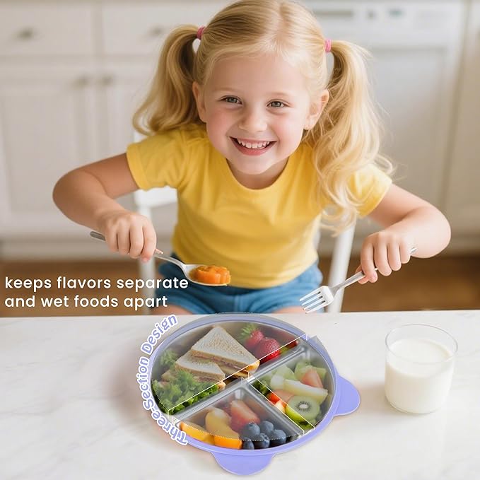 Stainless Steel Kids Plate with Suction 4 Pack, 9″ Toddler Divided Plates with Removable Non Slip Silicone Sleeves, BPA Free Baby Snack Dishes, Mint Green, Wisteria, Coral pink, Glaucous