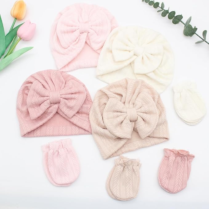 4 Pcs Newborn Hats Mittens Set Infant Cap Bow Hospital Beanie Preemie Hat - Image 2