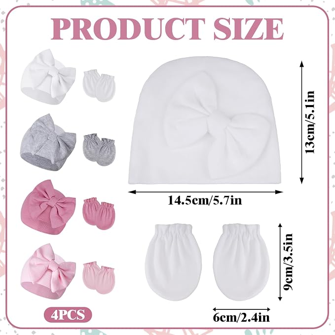 4Pack Newborn Baby Hats and Mittens Set Cotton Bow Infant Caps Gloves Warm Knit - Image 2