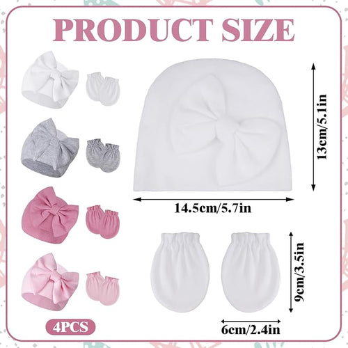 4Pack Newborn Baby Hats and Mittens Set Cotton Bow Infant Caps Gloves Warm Knit - Image 2