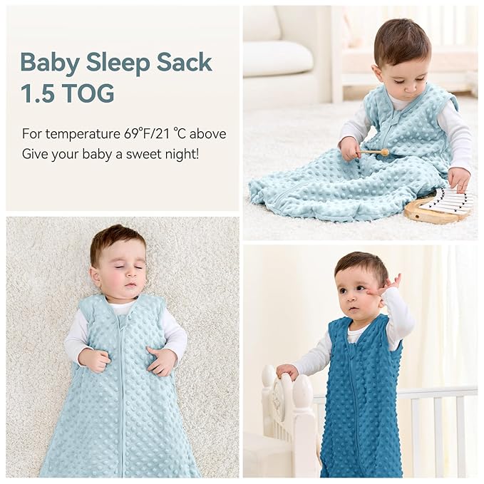 Fleece Baby Sleep Sack 18-24 Months with Plush Dots 1.5 Tog Baby Wearable Blanket with 2-Way Zipper Warm Sleeping Sack for Toddler Infant - XLarge, Sky Blue