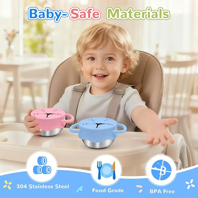 2 Pack Toddler Snack Containers –13.5oz Food Grade Stainless Steel Snack Cups for Toddlers Spill Proof with Snowflake Silicone Lids & Handles, Baby Snack Containers, Dishwasher Safe Toddler Snack Cups