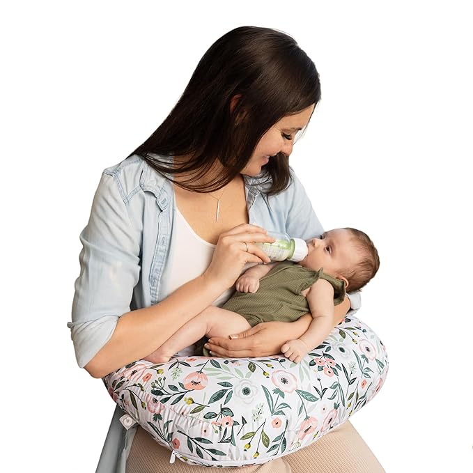 Boppy Nursing Pillow - Ergonomic Bottle & Breastfeeding Pillow with High, Firm, Large Area, Water-Repellent Cushion with Washable Cover; Baby Safety Alliance Verified - Pink Garden Flowers