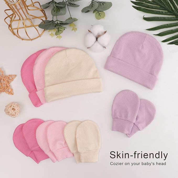 BQUBO Baby Hats and Mittens Infant Cotton Beanie Gloves No Scratch Set Newborn - Image 2
