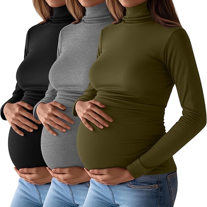 Ficerd 3 Pack Women's Maternity Shirts, Turtleneck Long Sleeve Pregnancy Tops Casual Side Ruched Maternity Tees Mama Clothes