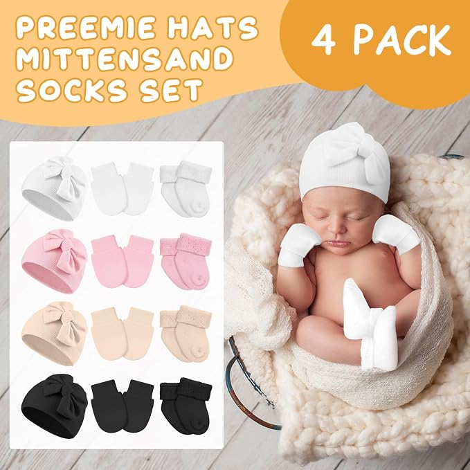 Toulite 4 Pack Preemie Baby Hats Mittens and Socks Set Premature Newborn Baby - Image 3
