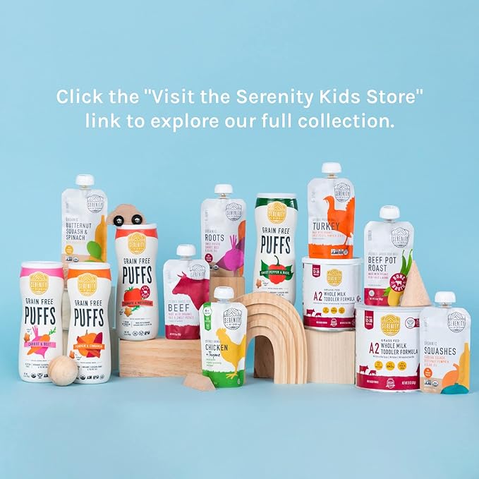 Serenity Kids 6+ Month Organic Beef & Veggie Baby Food Pouches - Grass-Fed Beef with Organic Pea, Bell Pepper & Broccoli - BPA-Free Baby Puree Pouch - 3.5 Oz, 12 Pack