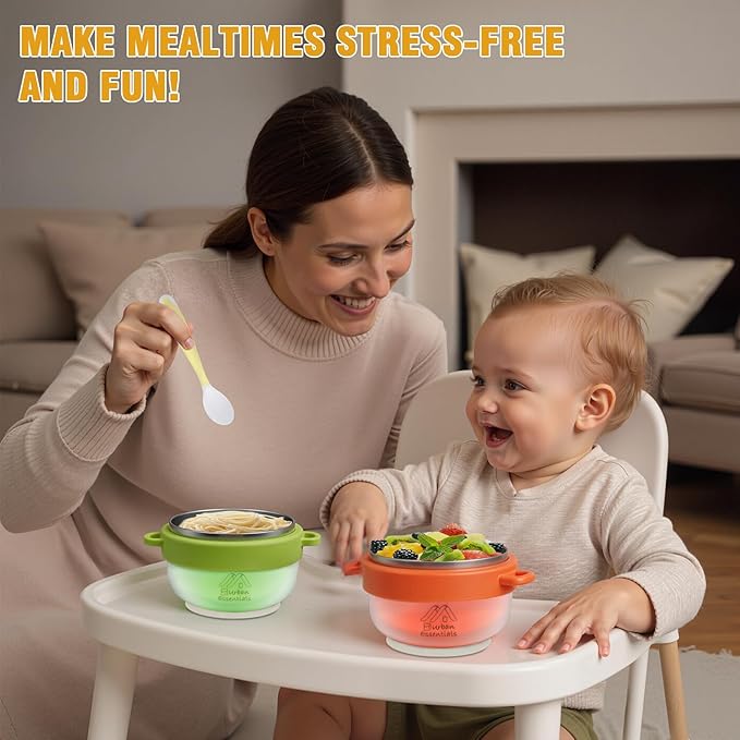 Baby Bowl with Suction, BPA-Free, Premium Food Grade 304 Stainless Steel, Thermo-Color Changing, Foldable Spoon & Fork, Non-Slip Handles for Babies, Toddlers, Kids (Orange)