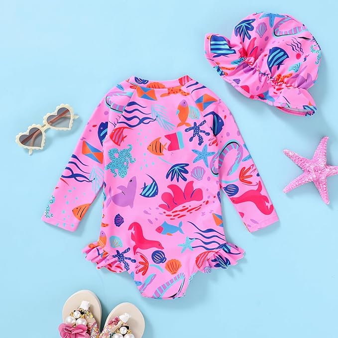Infant Baby Girl Swimsuit One-Piece Long Sleeve Rash Guard with Hat Set Floral Zipper Bathing Suit Leopard Beach Wear