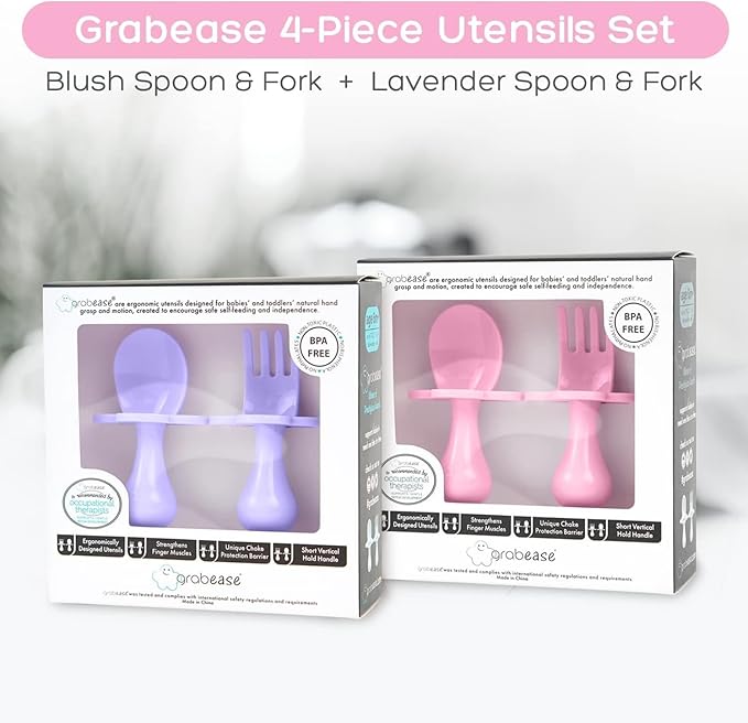 Grabease Baby Feeding Utensils Set - Infant and Baby Fork and Weaning Spoon for Ages 1-11 Months, BPAs and Phthalate-Free Cutlery, 2 Sets, Blush and Lavender