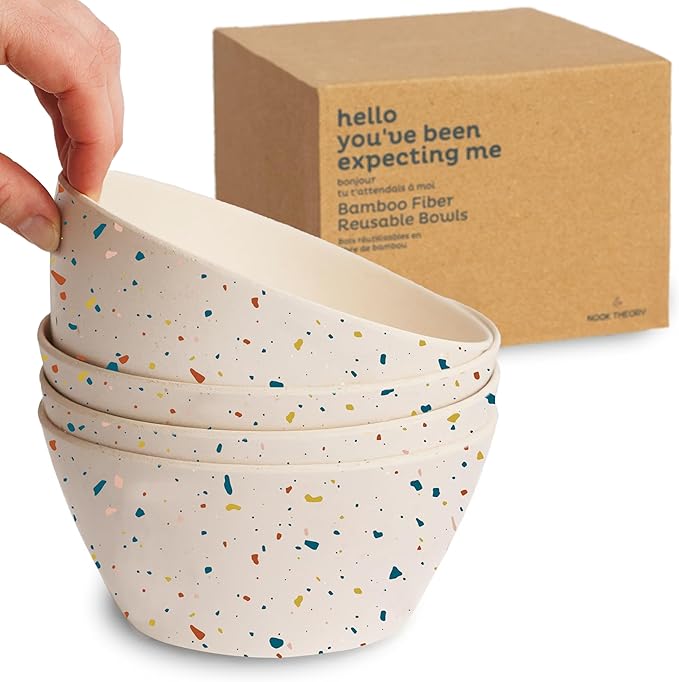 Nook Theory 4 Pack Bamboo Bowls - 22 Oz Reusable Bowl, Dishwasher Safe - Not Microwavable Bamboo Dishes (Fiesta)