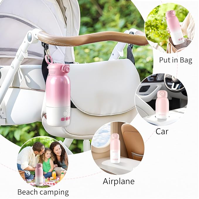 Portable Bottle Warmer, Large 12oz Capacity with Dual Heating Modes for Breast Milk & Water, Smart Temperature Control, Long Battery Life, Bottle Warmer for Outdoor, Airplane & Car Travel, Pink