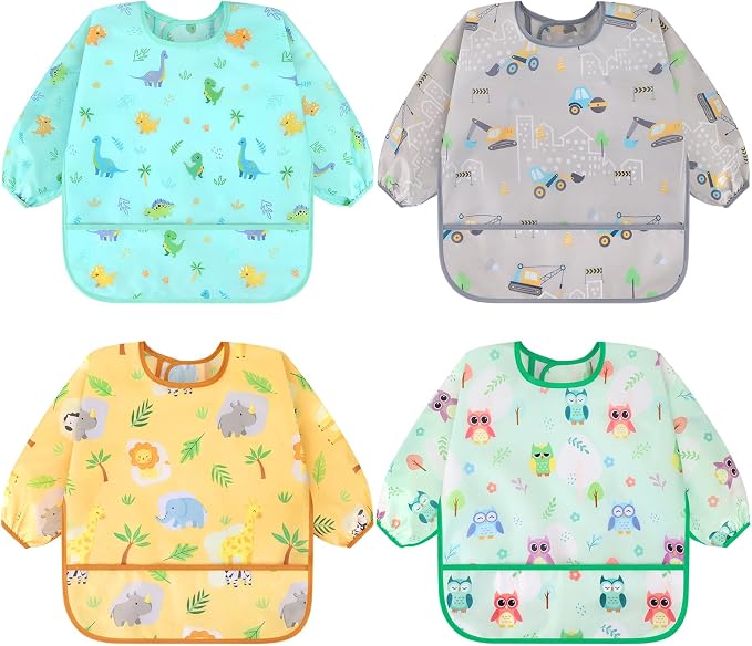 Accmor 4 Pack Long Sleeve Bibs, Baby Smock Waterproof Full Sleeved Bib by Accmor