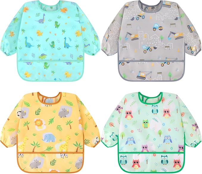 Accmor 4 Pack Long Sleeve Bibs, Baby Smock Waterproof Full Sleeved Bib by Accmor