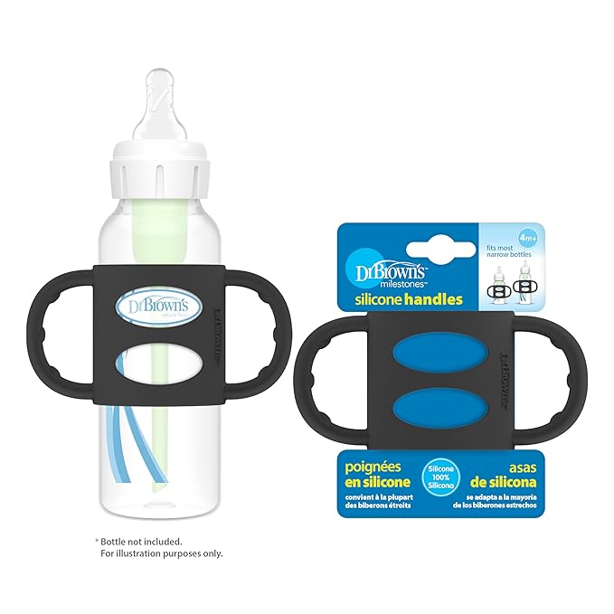 Dr. Brown's Narrow Baby Bottle Handles, 100% Silicone, Easy Grip Removable Handles for Bottle to Sippy Cup Transition, Black, 4m+