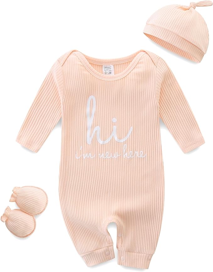 Baby Romper with Baby Mittens & Newborn Hats Footless Long Sleeve by Unknown