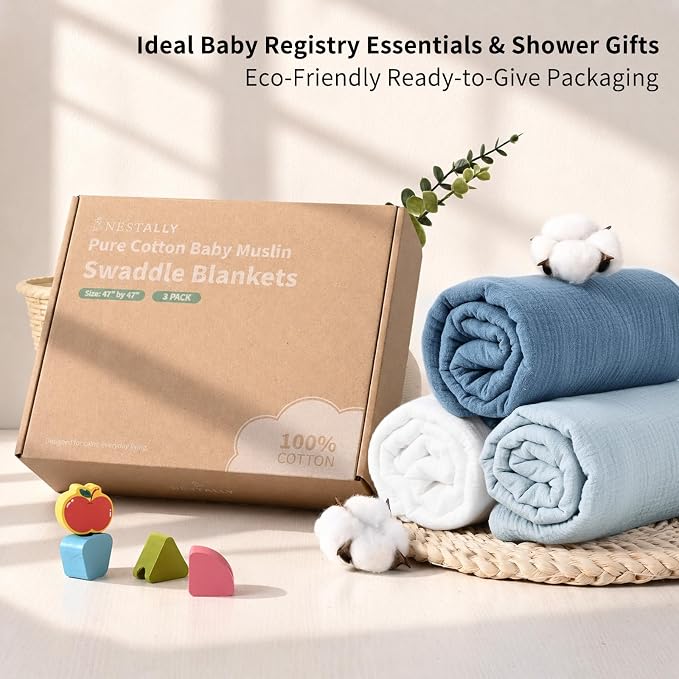 NESTALLY Cocoon Muslin Swaddle Blankets 3 Pack, Soft Breathable Large 47"x47" - Image 3