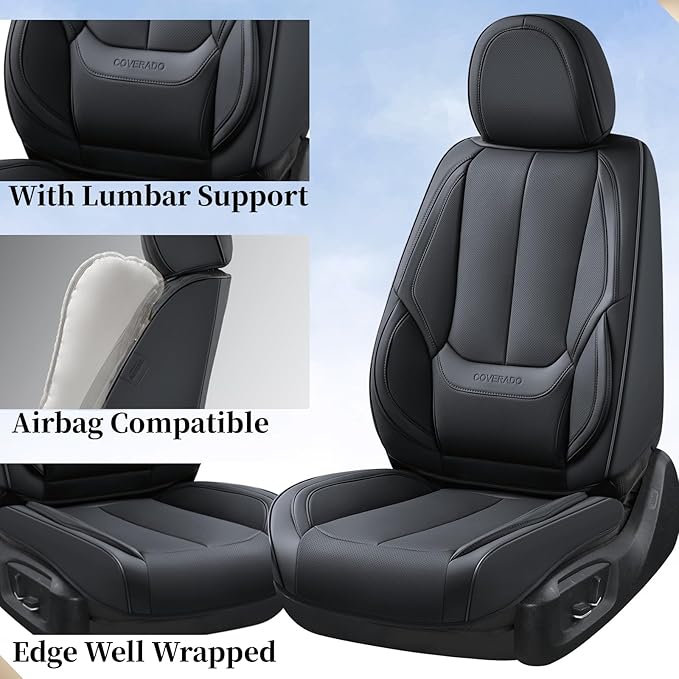 Coverado Car Seat Covers Full Set, Seat Covers for Cars, Black Car Seat Covers Front Seats and Back Car Seat Protector Waterproof, Leather Car Seat Cushion Universal Fit for Most Cars