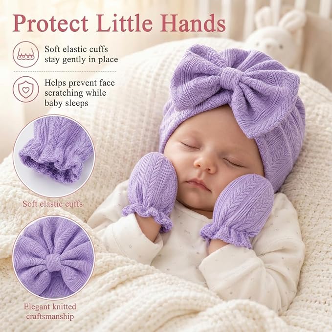 8 Sets Newborn Baby Girl Bow Hats and Mittens Turban Beanies 0-3M | Cotton - Image 2