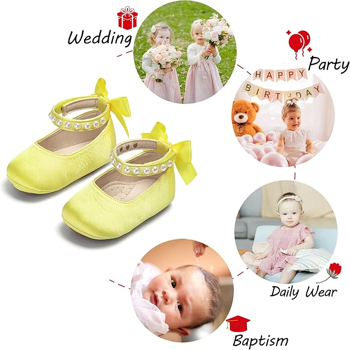 Baby Girls Mary Jane Flats - Infant Newborn Walking Shoes Soft Rubber Sole Princess Wedding
