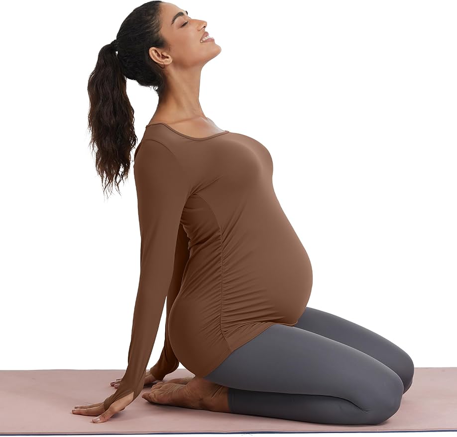 MathCat Maternity Long Sleeve Shirt with Thumbleholes, Maternity Tops Squar Neck Side Ruched Pregnancy Yoga Casual Tee