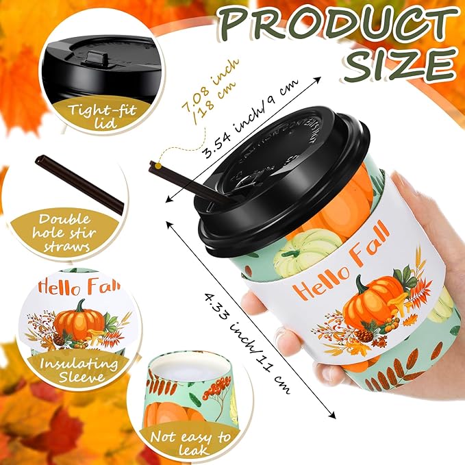 Lallisa 100 Sets Fall Thanksgiving Coffee Cup Bulk with Lid Disposable 12 oz Fall Hot Cups Paper and Sleeves Straws, Autumn Drinking Supplies for Holiday Party(Stylish Style)