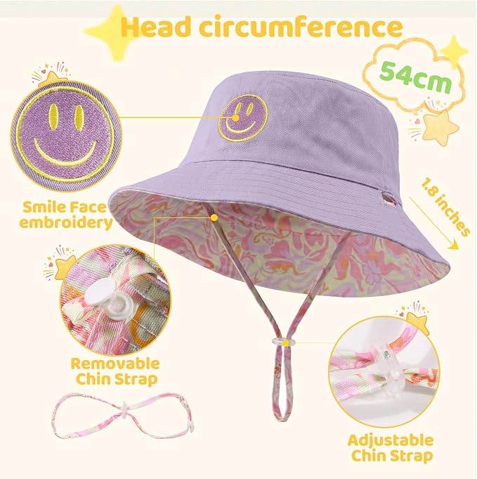 Toddler Hat Reversible Bucket Hat Happy Face Sun Hat Adjustable Chin Strap - Image 3