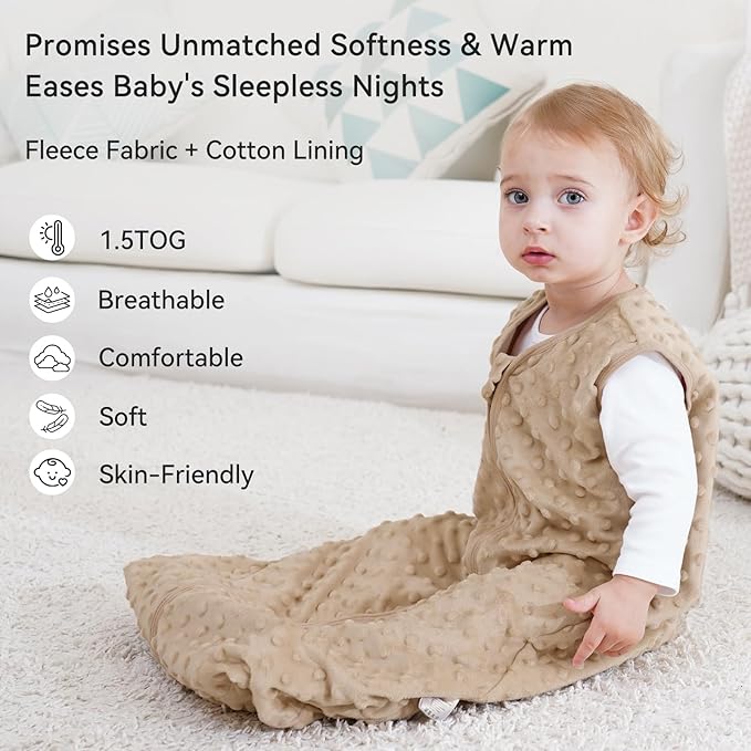 Fleece Baby Sleep Sack 12-18 Months with Plush Dots 1.5 Tog Baby Wearable Blanket with 2-Way Zipper Warm Sleeping Sack for Toddler Infant - Large, Coffee
