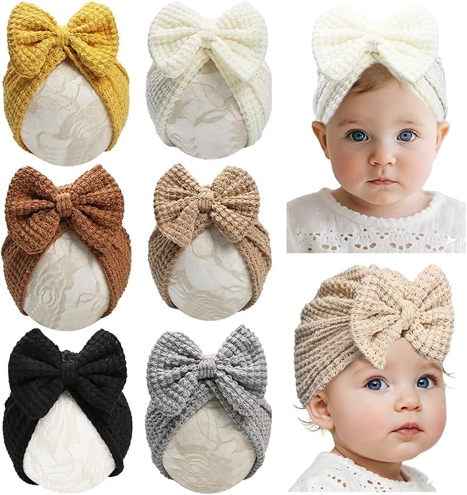 Baby Girls Hair Bow Turban Hat 6PCS Set, Top Bowknot Head Wrap Beanie India Caps - Image 2