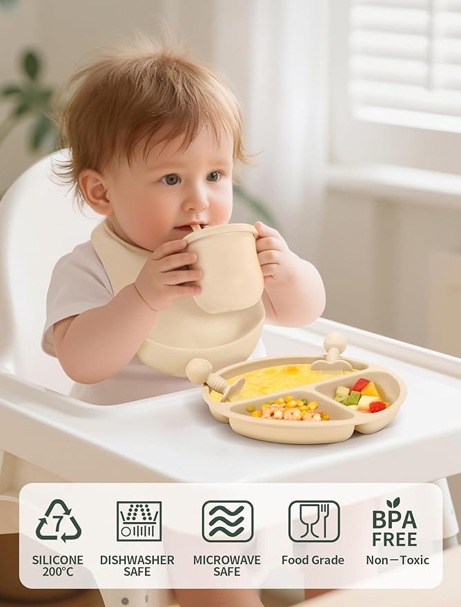 Silicone Baby Feeding Set 9 Pcs, Spill-Proof Suction Plate, Silicone spoon&forks - Image 3