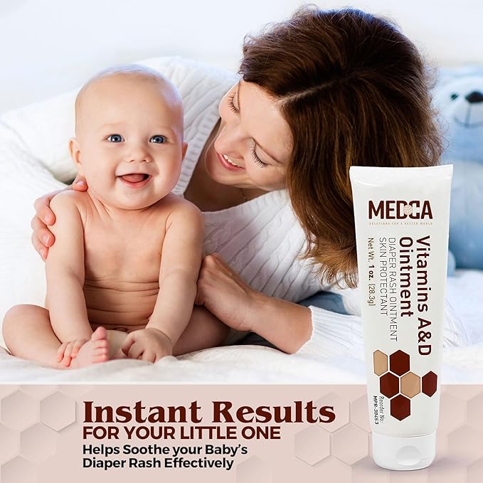 MEDca Vitamin A & D Diaper Rash Ointment- Protectant Cream for Sensitive Baby Skin - Lanolin & Petrolatum Formula, Dry-Cracked Hands/Feet/Face Skin, 1oz Tube, Pack of 4