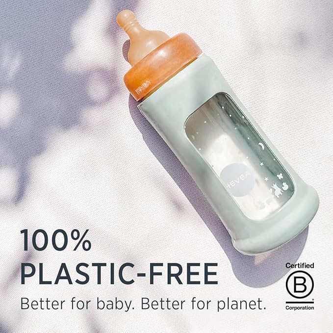 HEVEA Plastic-Free Wide Neck Glass Baby Bottle with Seafoam Blue Sleeve - Slow Flow Anti Colic Baby Bottles Newborn 0+ Months - BPA-Free, Single-Pack (5 Oz)