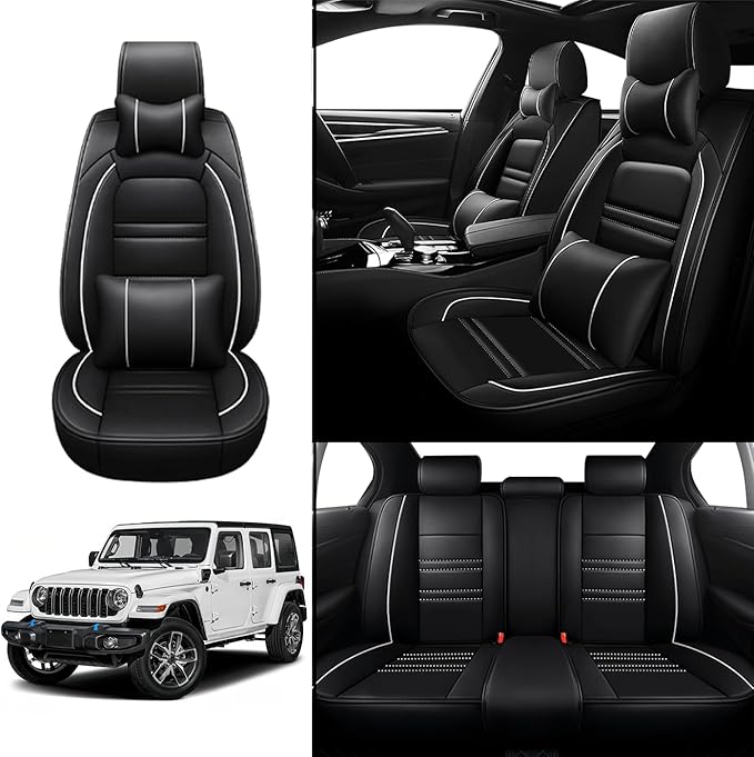 Car Seat Covers for JP Wrangler 2007-2025 | 5-Seats Seat Covers, Waterproof Seat Protectors, Automotive Seat Covers (Full Set with Pillow,Black&White Line)