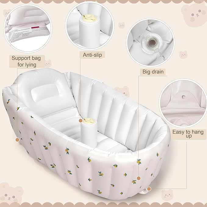 Mink Inflatable Baby Bathtub with Built-in Air Pump, Newborn to Toddler Bath Tub,Portable Travel Shower Basin with Back Support, Deflates and Folds Easily (Olive Bath)