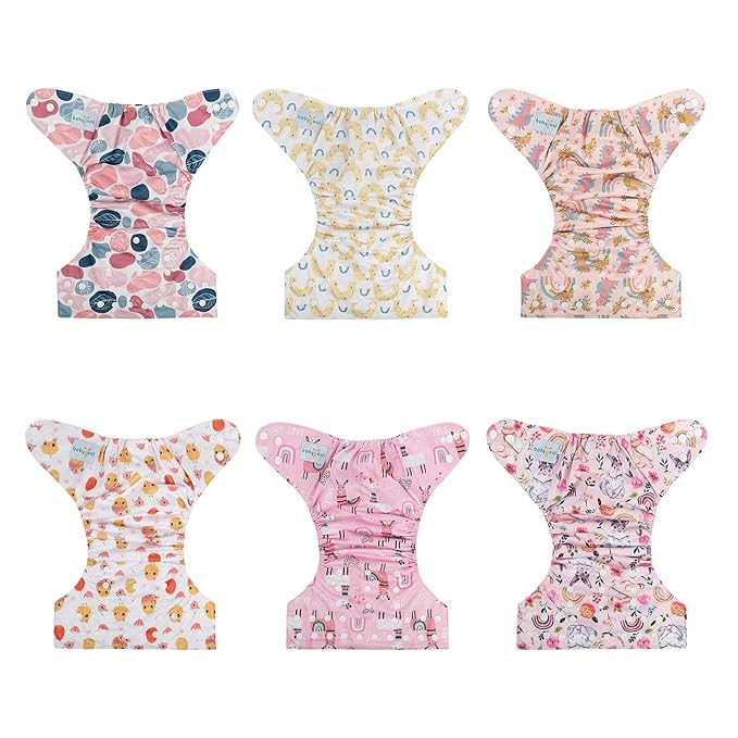 babygoal Reusable Cloth Diapers 6 Pack with 10pcs Inserts, One Size Adjustable Washable Pocket Nappy Covers for Baby Girls and Boys 6FG25