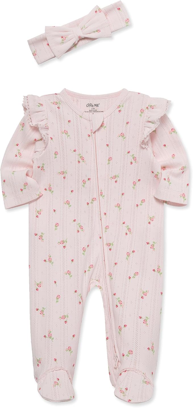 Little Me Clothes for Baby Girls 100% Cotton 2Pc Zipper Closure Footie and - Image 3