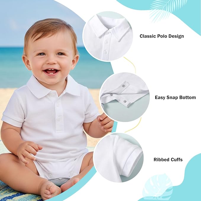 DEFAHN Baby Boy Polo Romper Short Sleeve Collared One-Piece Outfit 0-24M - Image 2