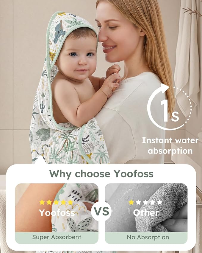 Yoofoss Hooded Baby Bath Towels 2 Pack 100% Muslin Organic Cotton - Image 2