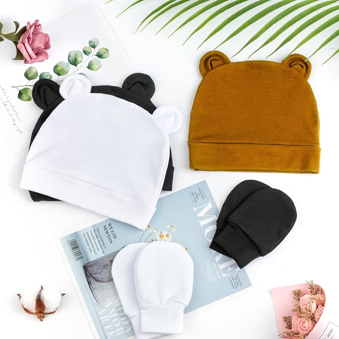 BQUBO Newborn Baby Bear Ears Hats and Mittens Sets Preemie Cotton Caps Baby Boy - Image 6