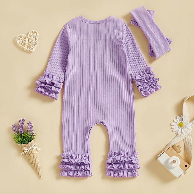 Newborn Baby Girl Clothes Jumpsuit Ruffle Romper Bodysuit Pants Headband - Image 4