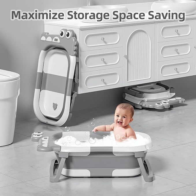 TPN Collapsible Baby Bathtub, Baby Bath Tub with Soft Cushion & Real-Time Thermometer, Baby Bathtub Infant to Toddler Tub (0-36 Months), Portable Travel Baby Tubs for Newborns (Grey)